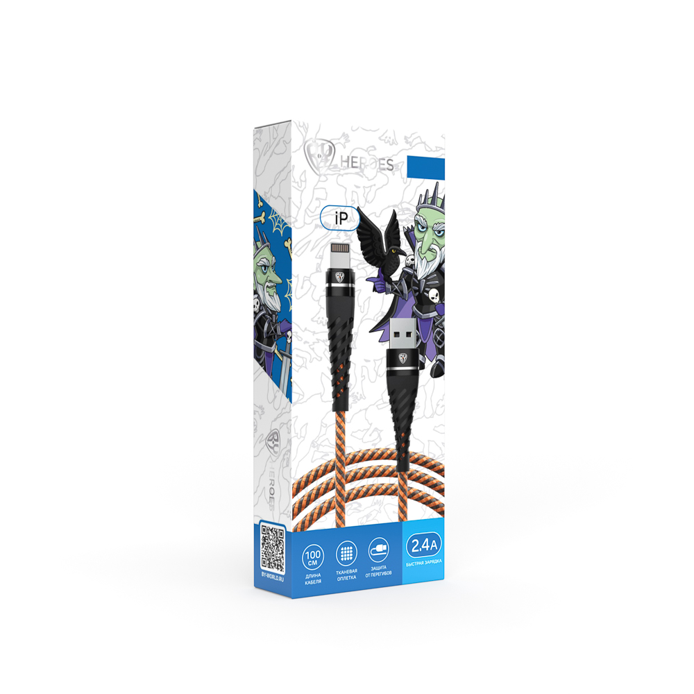 BY Кабель для зарядки Герои iP, 1м., 2.4А, Быстрая зарядка, тканная оплётка, Кощей, арт.№ 931-390