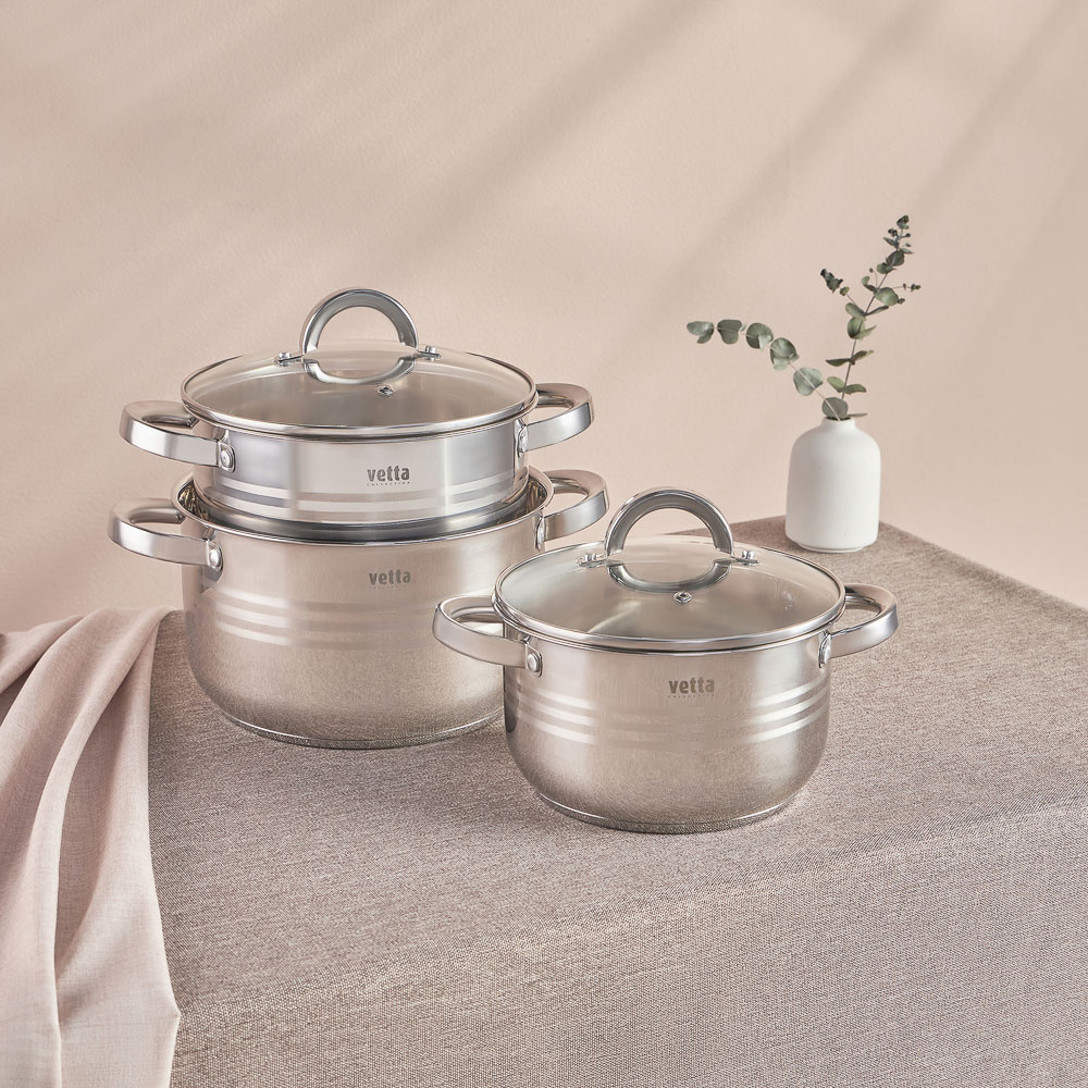 VETTA Фултон Набор кастрюль 6 пр. (2,9л+4,0л+5,4л) со стекл. крышкой, арт.№ 822-116