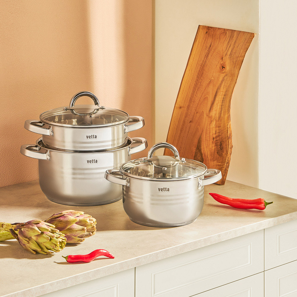 VETTA Фултон Набор кастрюль 6 пр. (2,9л+4,0л+5,4л) со стекл. крышкой, арт.№ 822-116