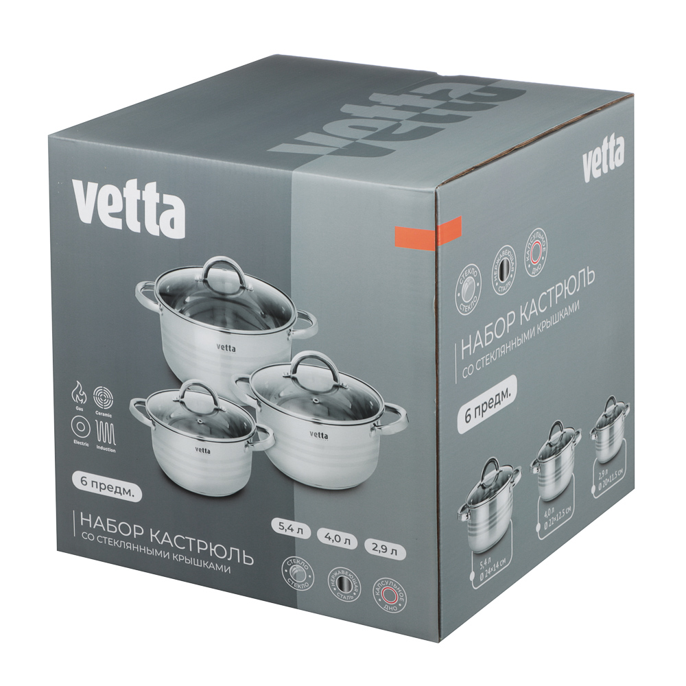VETTA Фултон Набор кастрюль 6 пр. (2,9л+4,0л+5,4л) со стекл. крышкой, арт.№ 822-116