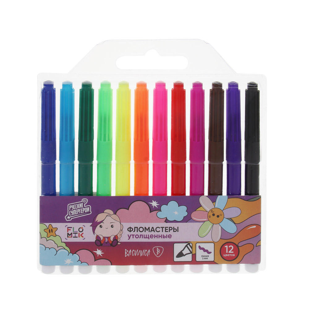 Фломастеры 12цв. FLOMIK утолщенные, 14см, D=1см, наконечник 3мм, ПВХ - пенал, арт.№ 256-011