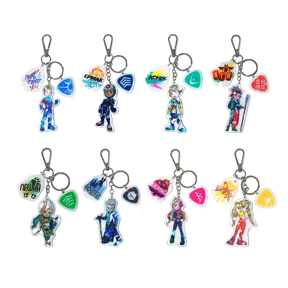 BY Русские Супергерои Брелок с кольцом и карабином с тремя шармами, акрил, металл, 8/5/3,5см, 8 диз, арт.№ 431-005