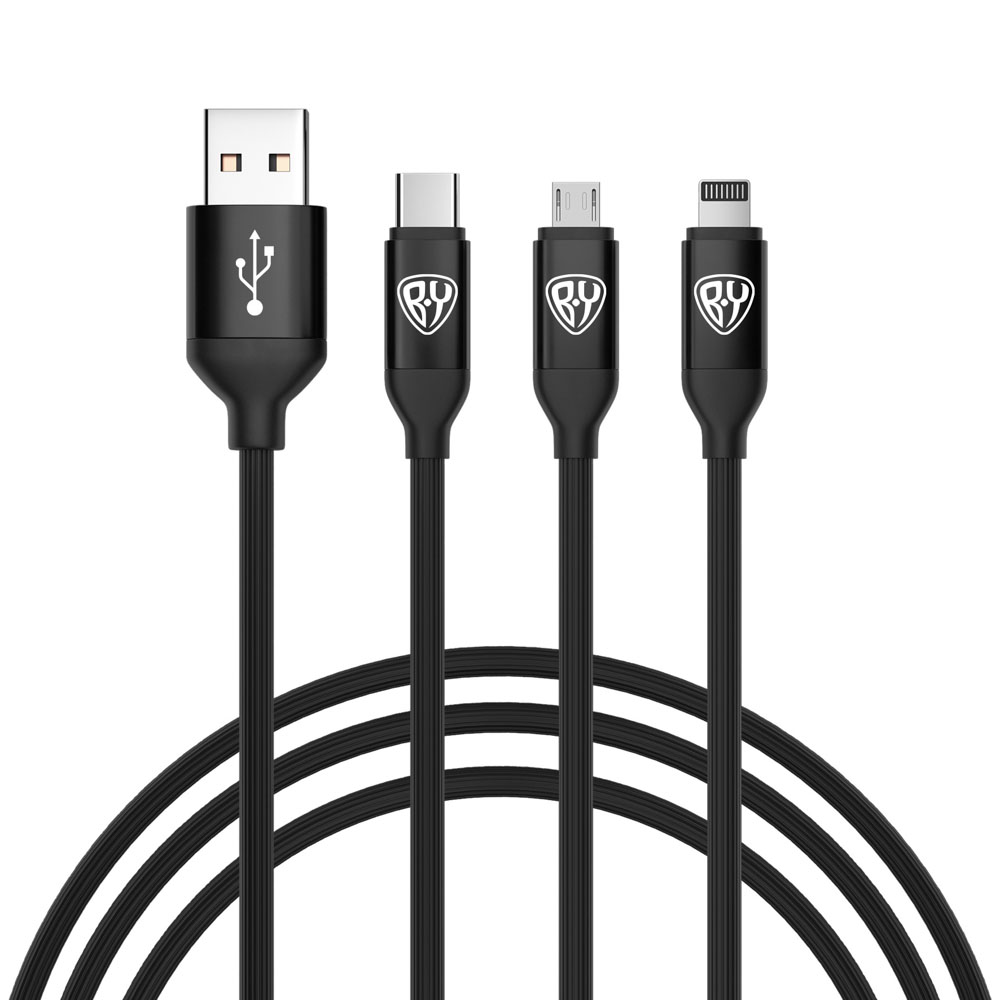Кабель для зарядки 3в1 iP/microUSB/Type-C BY, 1.5м, 2.4А, прорезиненная оплетка, черный, арт.№ 470-044
