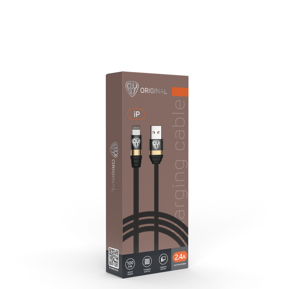 Кабель для зарядки USB(A)-iP BY Элегант, 1м, 2.4А, тканевая оплётка, черный, арт.№ 470-057