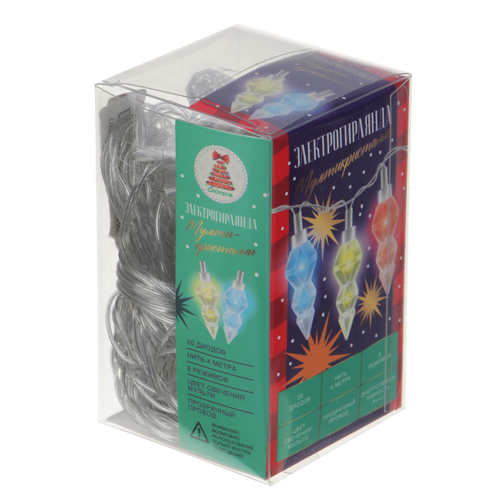 Гирлянда с насадками "Мультикристаллы" 4 м СНОУ БУМ, 20 LED ламп, 8 режимов, свечение мульти, ПВХ прозрачный, 220В, арт.№ 381-332