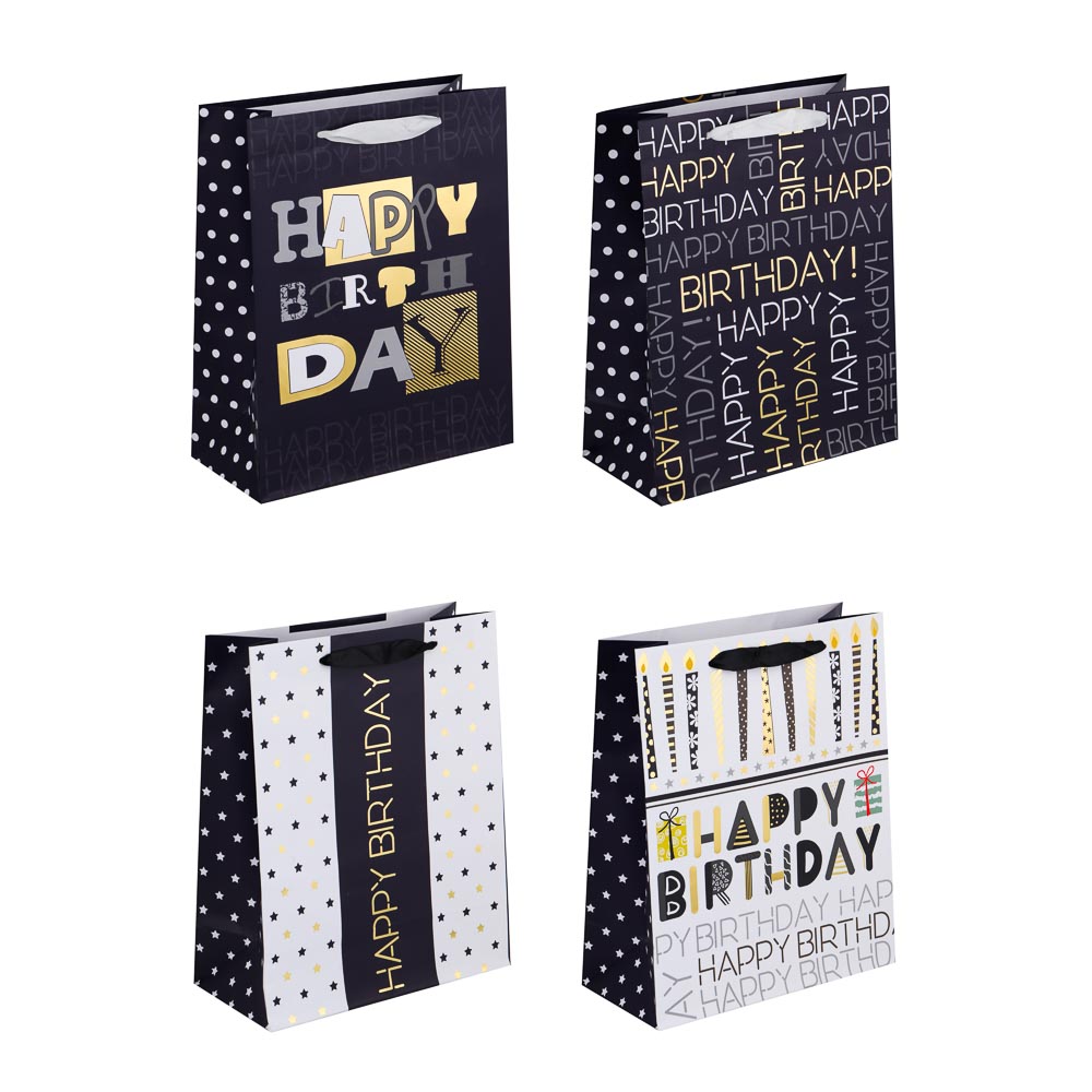 Пакет подарочный тм LADECOR, вскч бум., с фольг.слоем, L 26x32x12см, 4 диз, С Днем Рождения, арт.№ 507-219