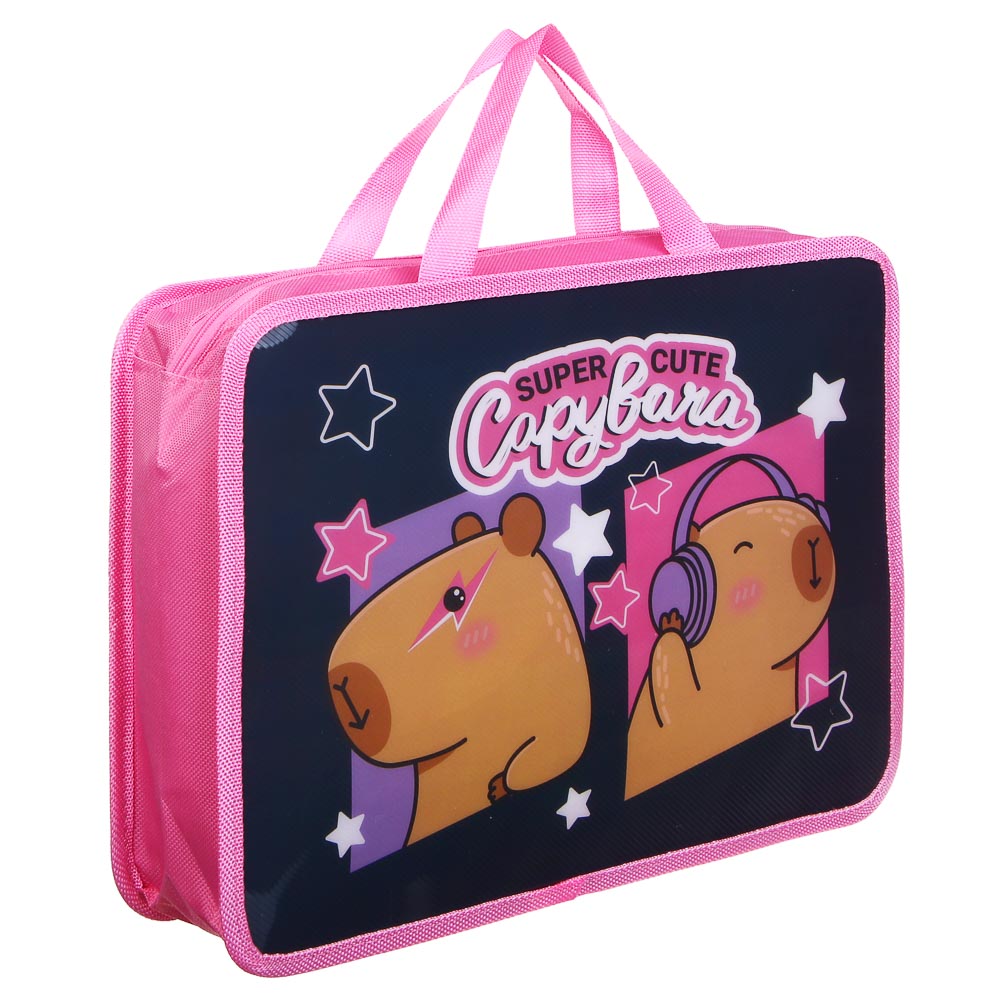 Папка для тетрадей А4, 33,5x26х10см, "Панда/Капибара/Рейсинг Тим/Футбол", на молнии, ручки, пластик, арт.№ 524-262