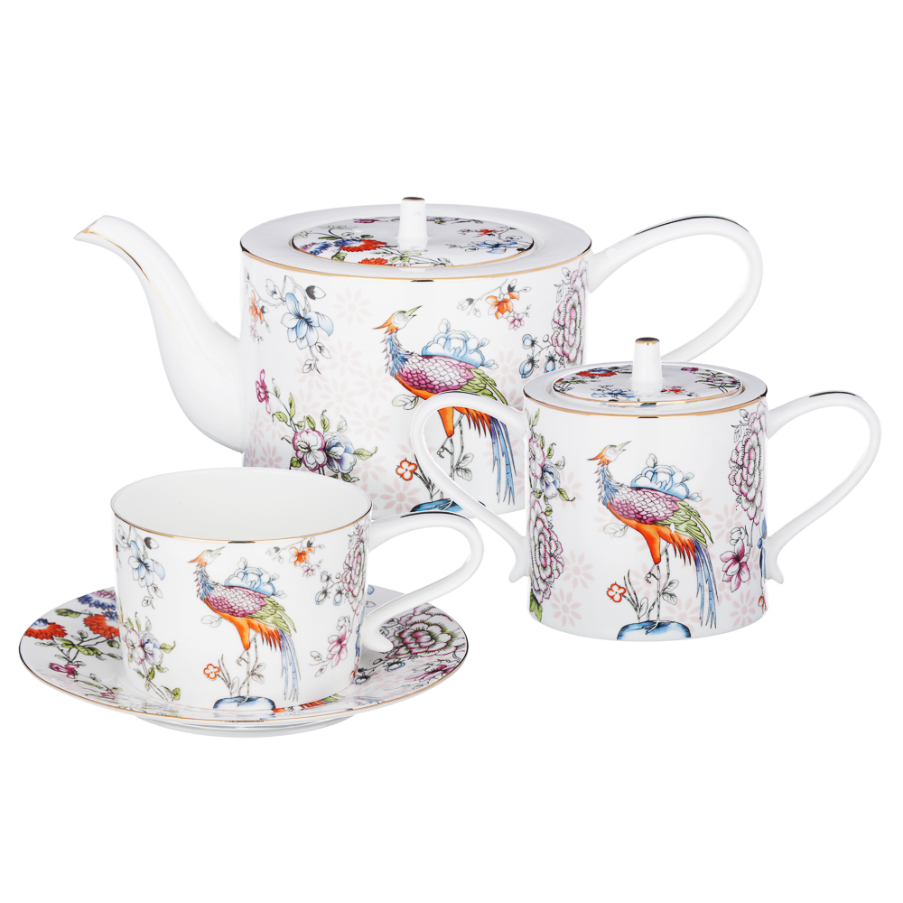 MILLIMI Райская птица Набор чайный 14 пр., чашка 270мл, чайник 1150мл, сахарница 450мл, кост. фрф, арт.№ 802-005
