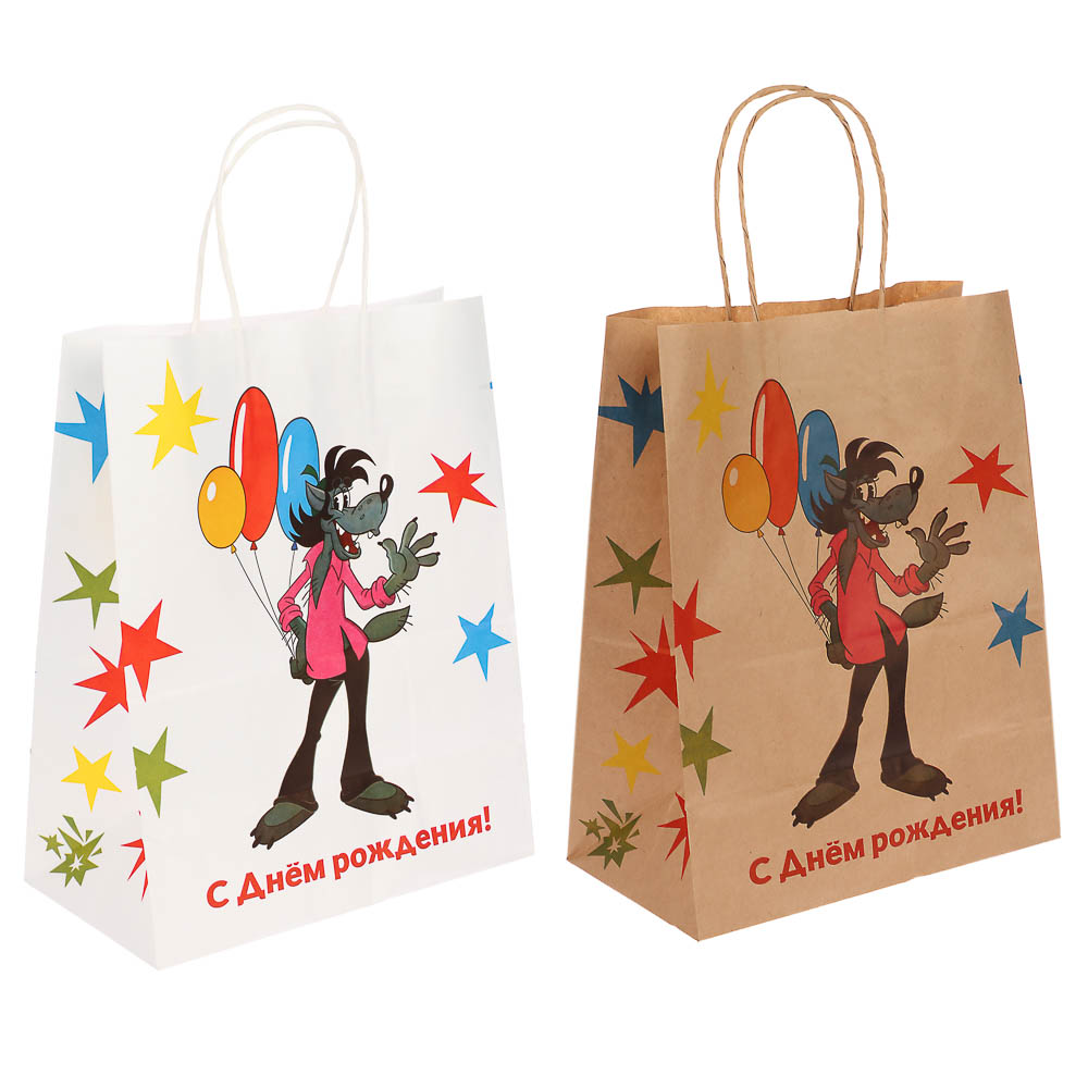 Пакет подарочный с кручеными ручками L 24х14х30см, "Ну, погоди! С Днём Рождения", в ассортименте, арт.№ 507-496