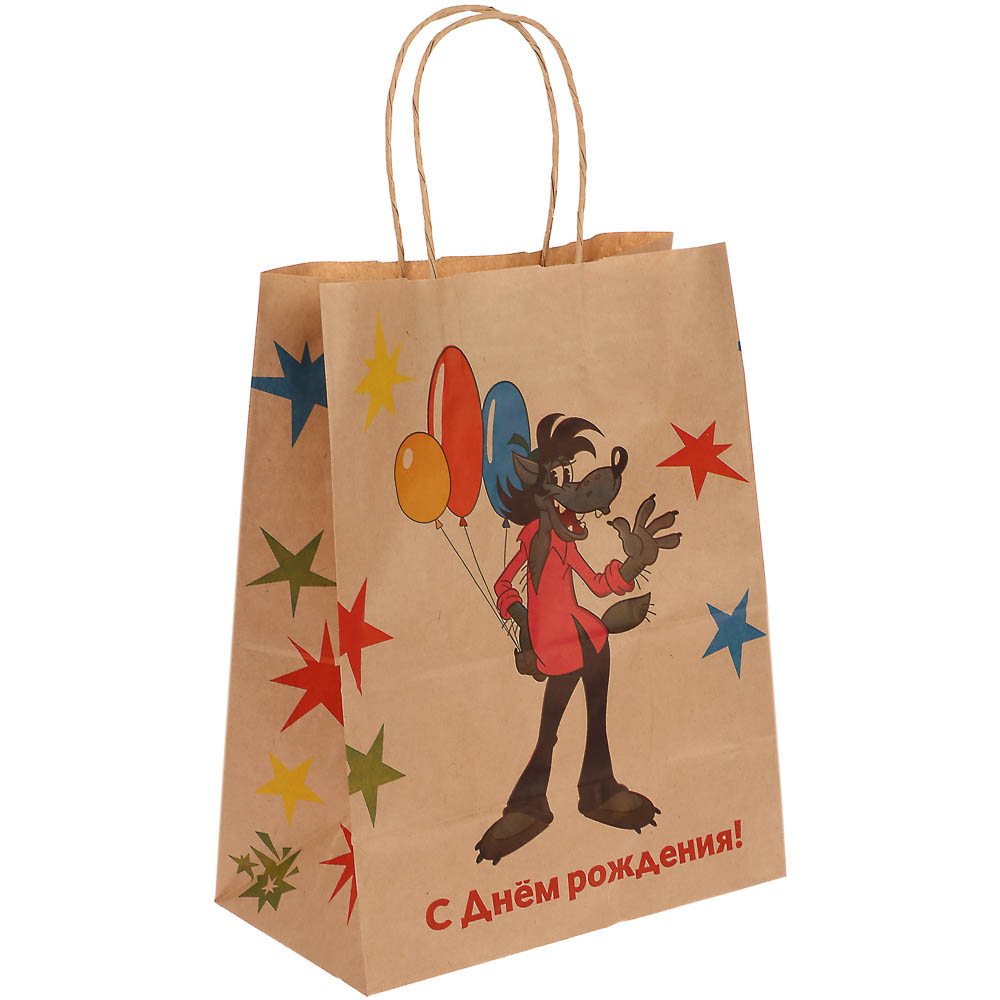 Пакет подарочный с кручеными ручками L 24х14х30см, "Ну, погоди! С Днём Рождения", в ассортименте, арт.№ 507-496