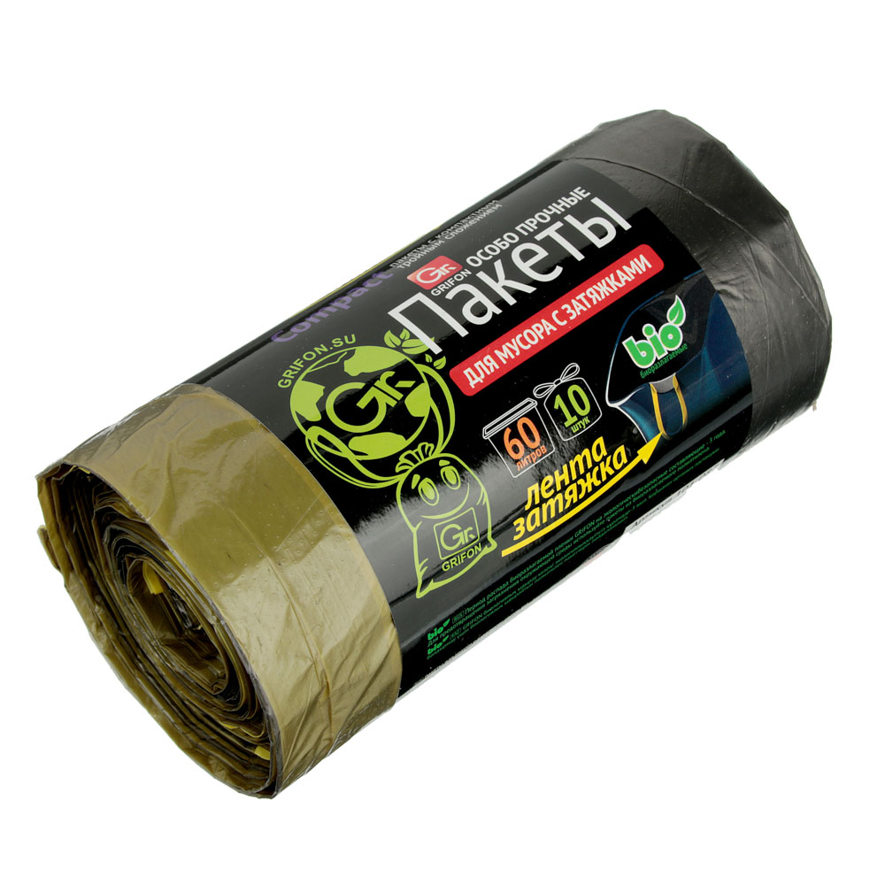 GRIFON Мешки для мусора БИО 60 л., 10 шт. с завязками, стандарт особо прочные, рулон, арт.№ 449-051