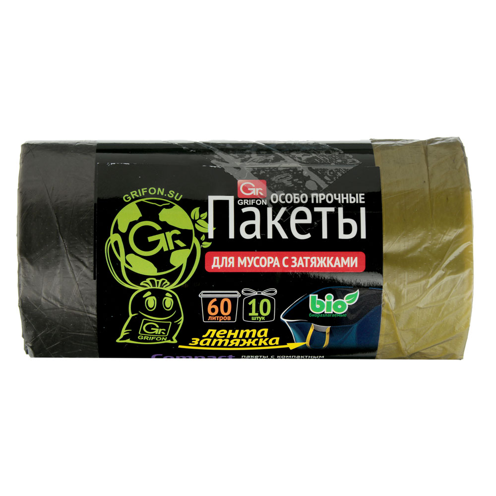 GRIFON Мешки для мусора БИО 60 л., 10 шт. с завязками, стандарт особо прочные, рулон, арт.№ 449-051