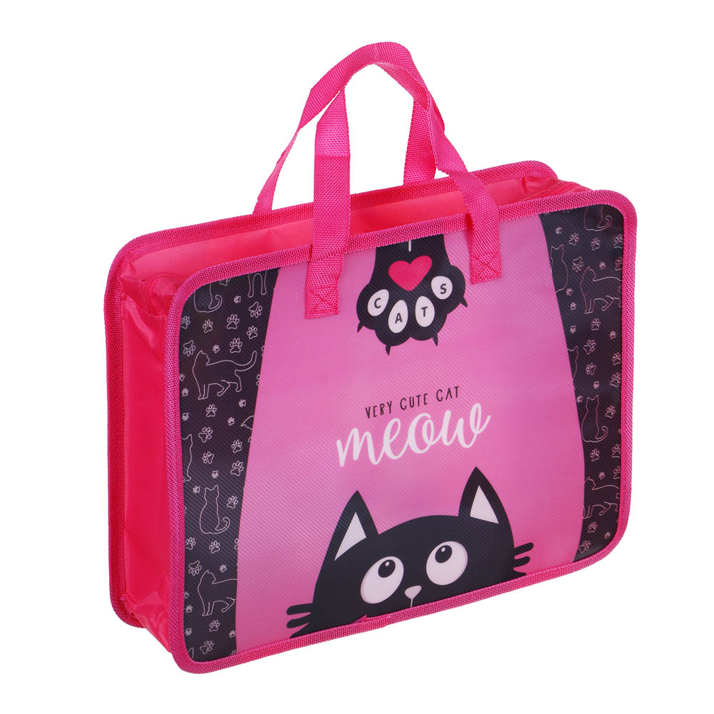 МИЛЫЙ КОТИК Папка для тетрадей 33,5x26см, для A4, расширение, молния сверху, ручки, пластик, арт.№ 236-090