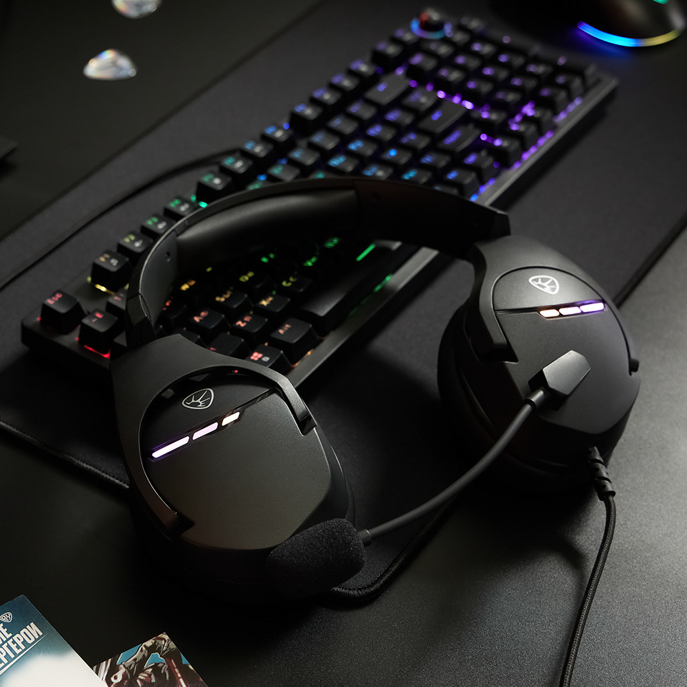 Наушники проводные с микрофоном игровые BY Dzingasa USB 3,2 м, VS7.1, настраиваемая RGB подсветка, арт.№ 410-090