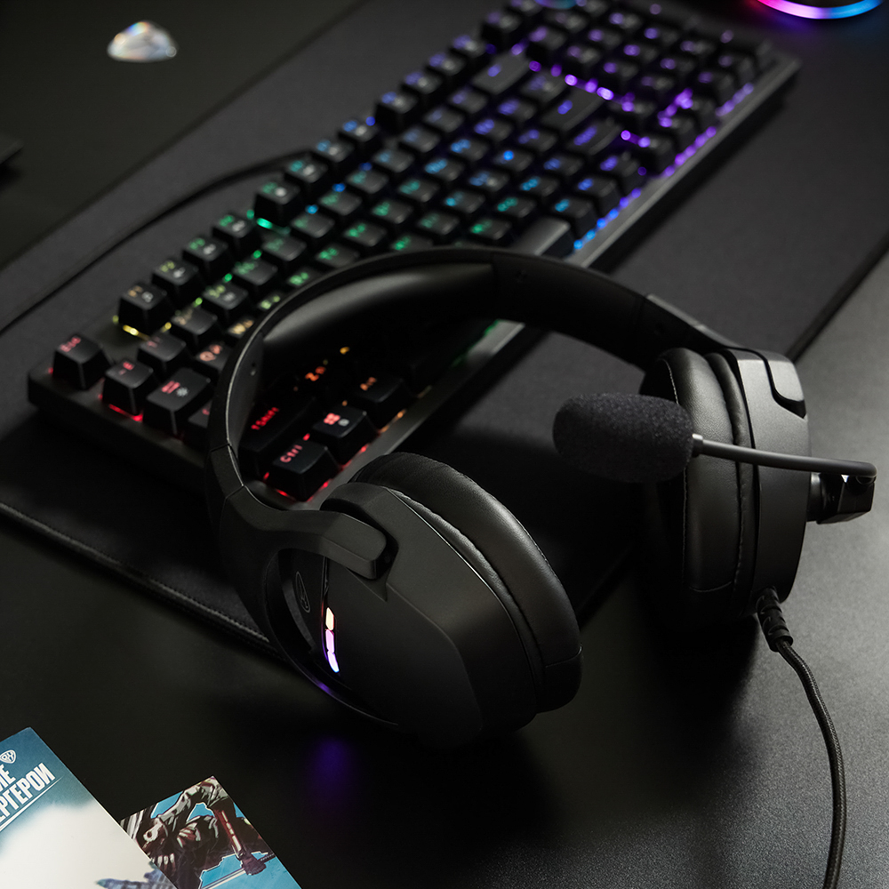 Наушники проводные с микрофоном игровые BY Dzingasa USB 3,2 м, VS7.1, настраиваемая RGB подсветка, арт.№ 410-090