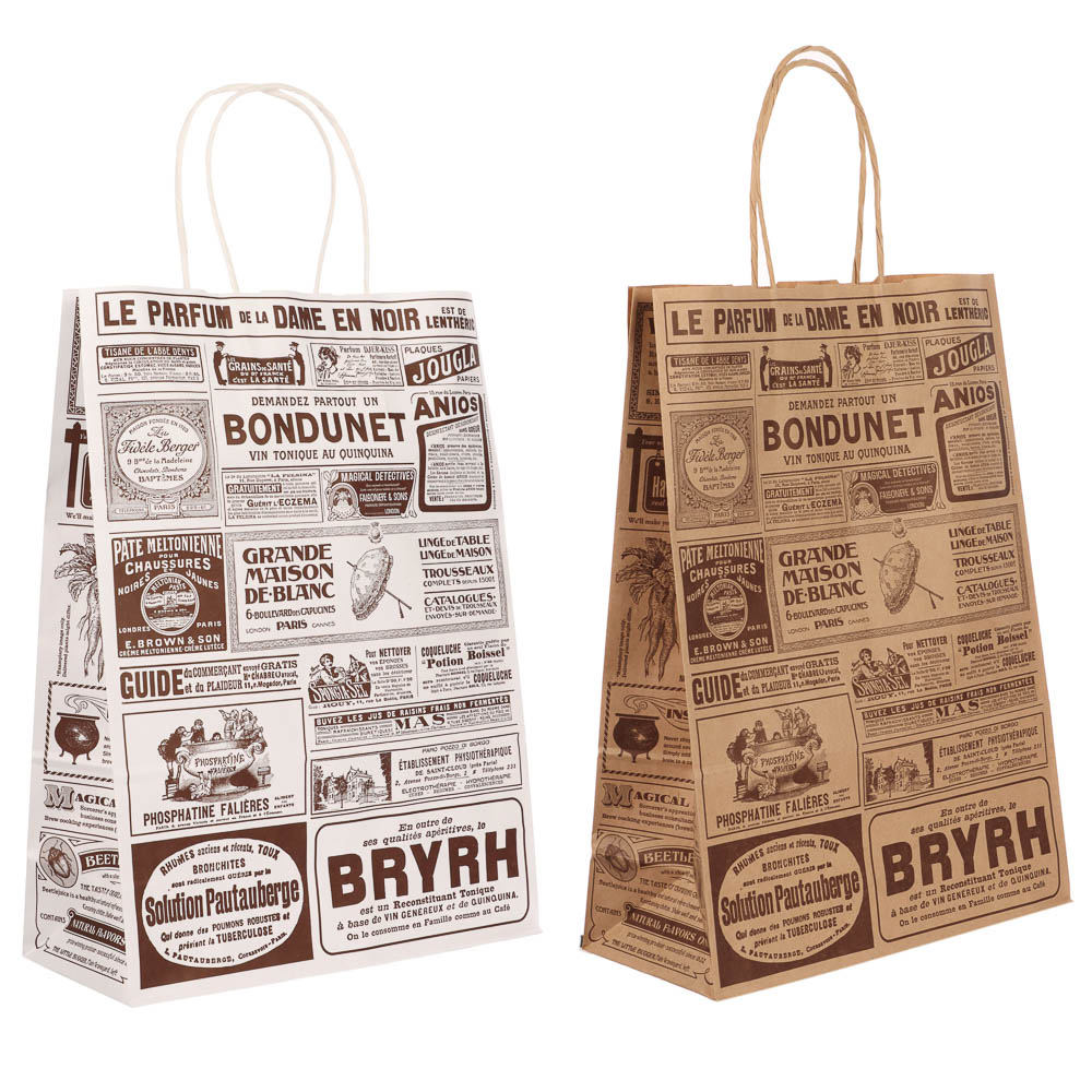 Пакет подарочный с кручеными ручками крафт L 24x10,5x32см, "Газета", в ассортименте, арт.№ 507-504