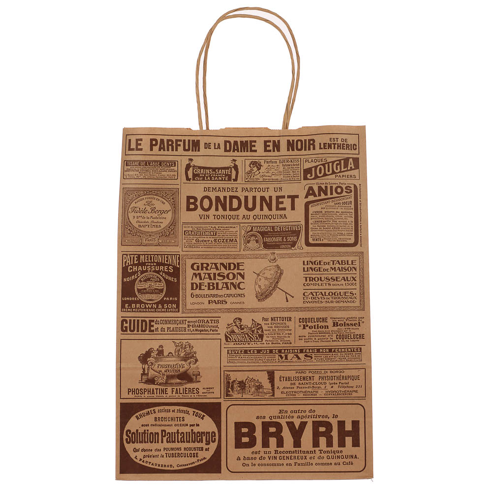 Пакет подарочный с кручеными ручками крафт L 24x10,5x32см, "Газета", в ассортименте, арт.№ 507-504