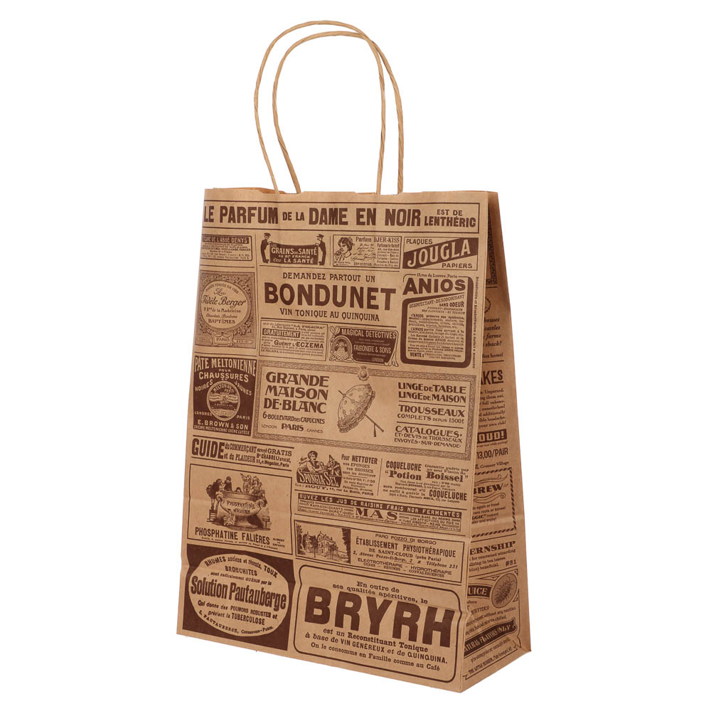 Пакет подарочный с кручеными ручками крафт L 24x10,5x32см, "Газета", в ассортименте, арт.№ 507-504