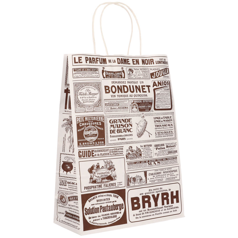 Пакет подарочный с кручеными ручками крафт L 24x10,5x32см, "Газета", в ассортименте, арт.№ 507-504