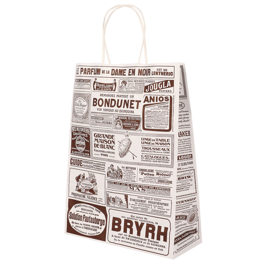 Пакет подарочный с кручеными ручками крафт L 24x10,5x32см, "Газета", в ассортименте, арт.№ 507-504
