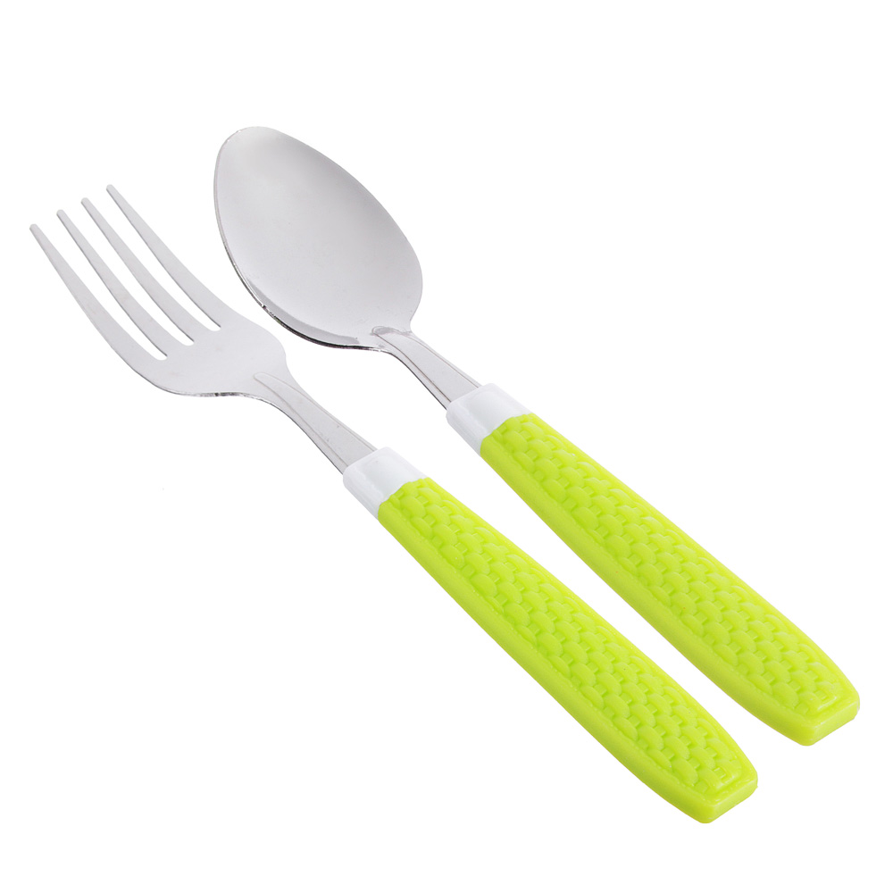 Набор столовых приборов для детей 2 пр. (ложка 15см + вилка 16см), нерж.сталь, полипропилен, 4 цвета, арт.№ 859-046