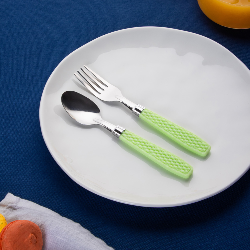 Набор столовых приборов для детей 2 пр. (ложка 15см + вилка 16см), нерж.сталь, полипропилен, 4 цвета, арт.№ 859-046