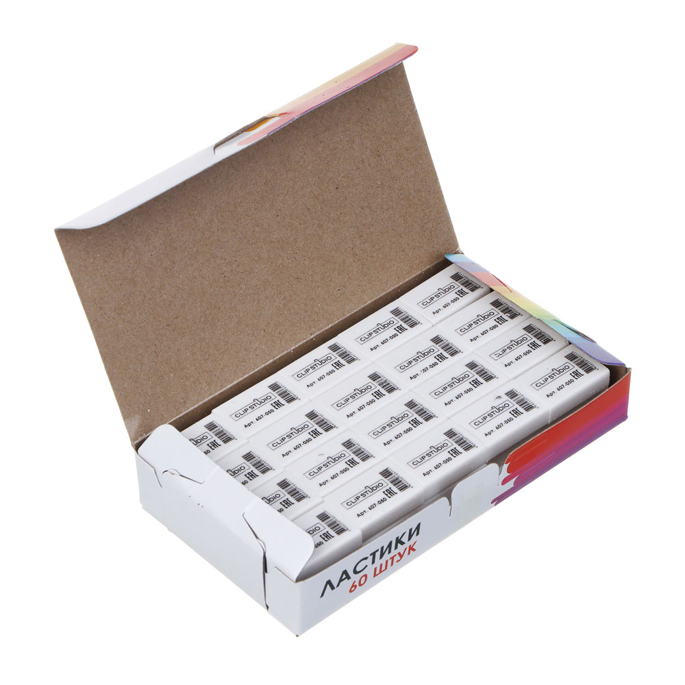 Ластик ClipStudio 2,6х1,8х0,8см, прямоугольный, белый, ТПР, инд. штрихкод, арт.№ 607-050