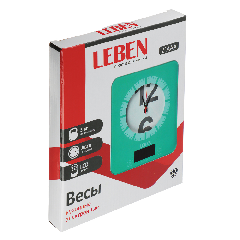 LEBEN Весы кухонные электронные с часами, макс.нагр.до 5кг (точн.измер. 1 гр), пластик, 2 цвета, арт.№ 268-053
