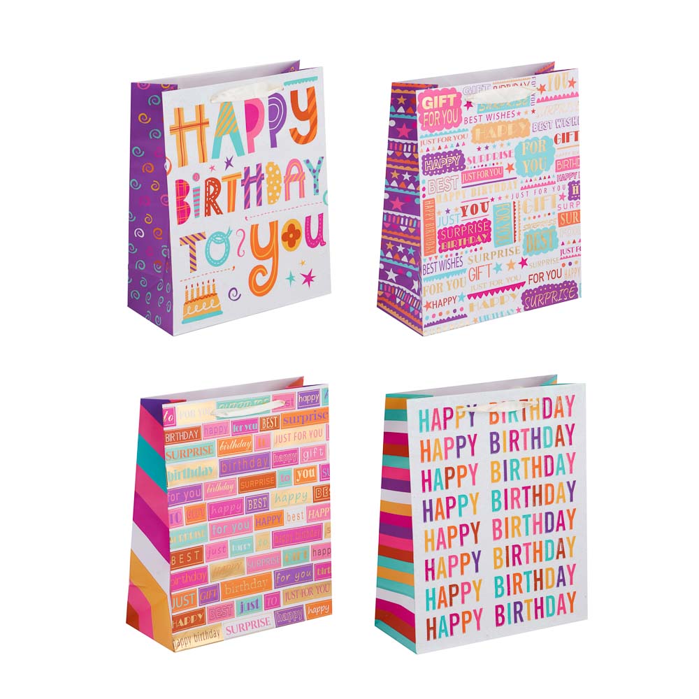 Пакет подарочный тм LADECOR, вскч бум., с фольг.слоем, L 26x32x12см, 4 диз., С Днем Рождения, арт.№ 507-220