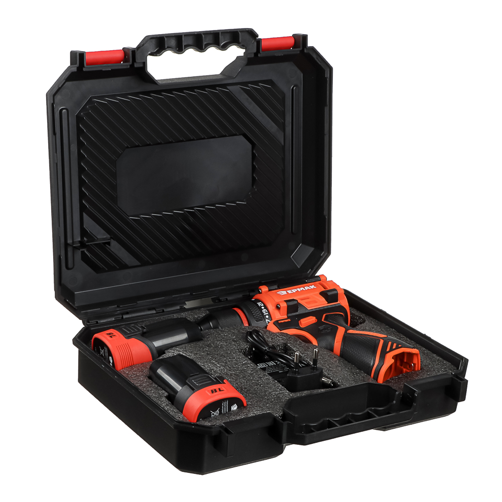 Дрель-Шуруповерт, тм ЕРМАК, аккумуляторная бесщеточная, в кейсе, 2 АКБ, 18в/2А, короткий корпус, арт.№ 691-089