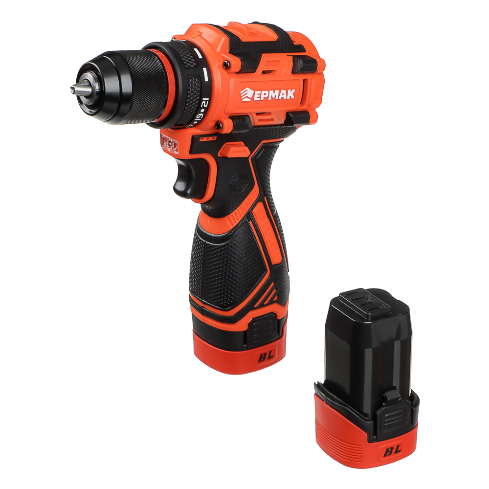 Дрель-Шуруповерт, тм ЕРМАК, аккумуляторная бесщеточная, в кейсе, 2 АКБ, 18в/2А, короткий корпус, арт.№ 691-089