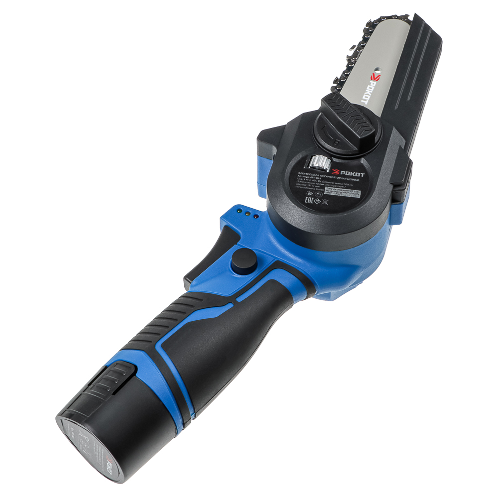 РОКОТ Электропила аккумуляторная цепная 12В, 100 мм, 2.0 А*ч, Li-Ion, 5м/с, ЗУ, арт.№ 691-043