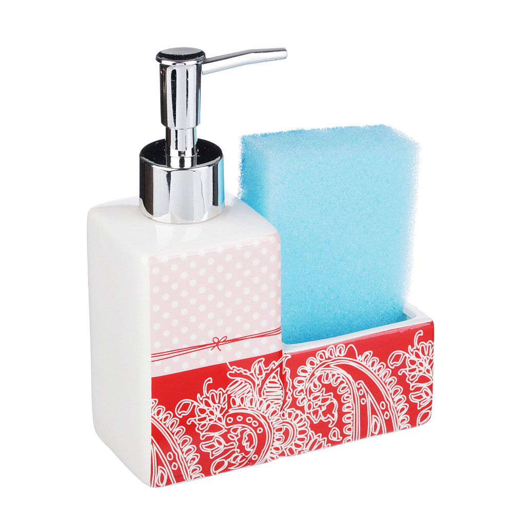 VETTA Диспенсер для моющего средства с губкой, керамика, 16х13х6см, 250 мл, 4 дизайна, D3, арт.№ 441-735