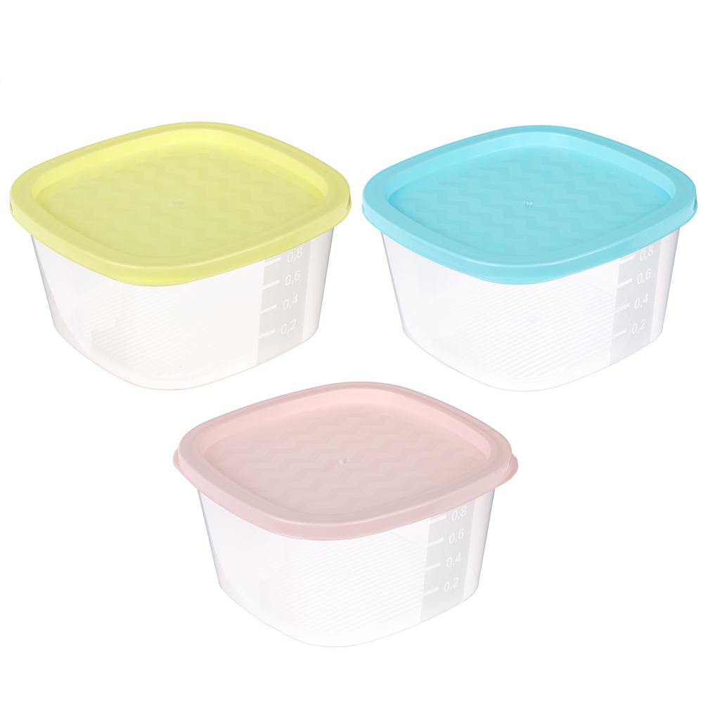 Контейнер для СВЧ с крышкой, 0,9л, пластик, квадратный, 3 цвета, арт.№ 861-008