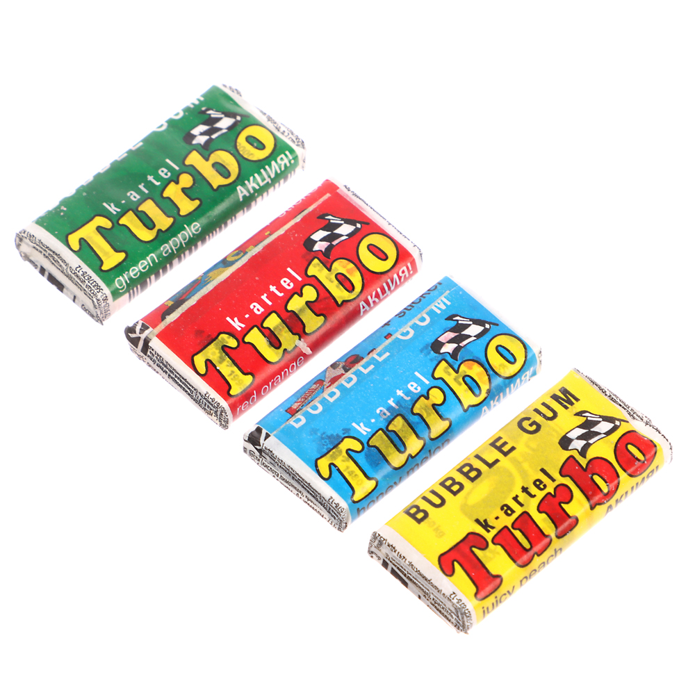Жевательная резинка Турбо, ассорти со вкусами дыни, апельсина, персика и яблока, с наклейкой, 4,5гр, арт.№ 347-354