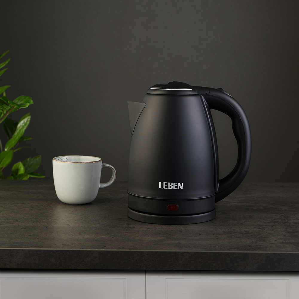 LEBEN Чайник электрический 1,8л, 1800Вт, скрытый нагр.элемент, нерж.сталь, черный, арт.№ 291-026