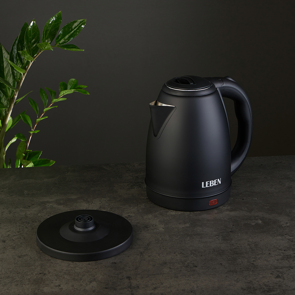 LEBEN Чайник электрический 1,8л, 1800Вт, скрытый нагр.элемент, нерж.сталь, черный, арт.№ 291-026
