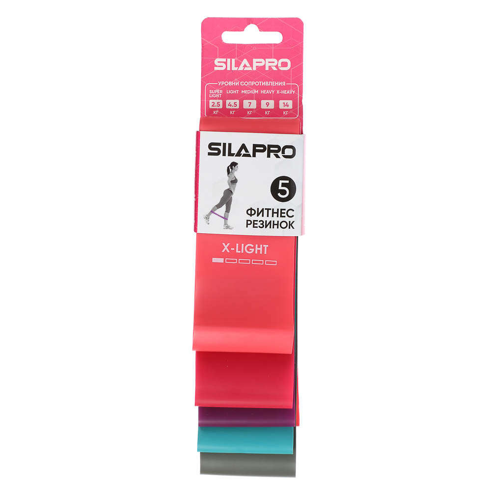SILAPRO Набор фитнес резинок 5шт (2,5кг, 4,5кг,7кг, 9кг, 14кг), 60х5см, латекс, арт.№ 093-008