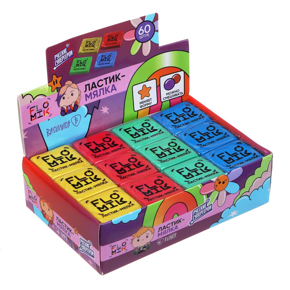 BY FLOMIK Ластик-мялка (меняет форму) 3,8х3,5х0,9см, квадратный, 4 цвета, ТПР, инд. штрихкод, арт.№ 607-052