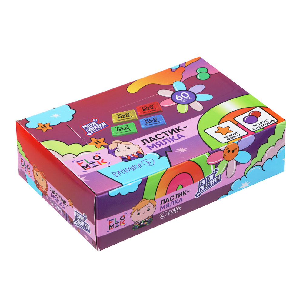 BY FLOMIK Ластик-мялка (меняет форму) 3,8х3,5х0,9см, квадратный, 4 цвета, ТПР, инд. штрихкод, арт.№ 607-052