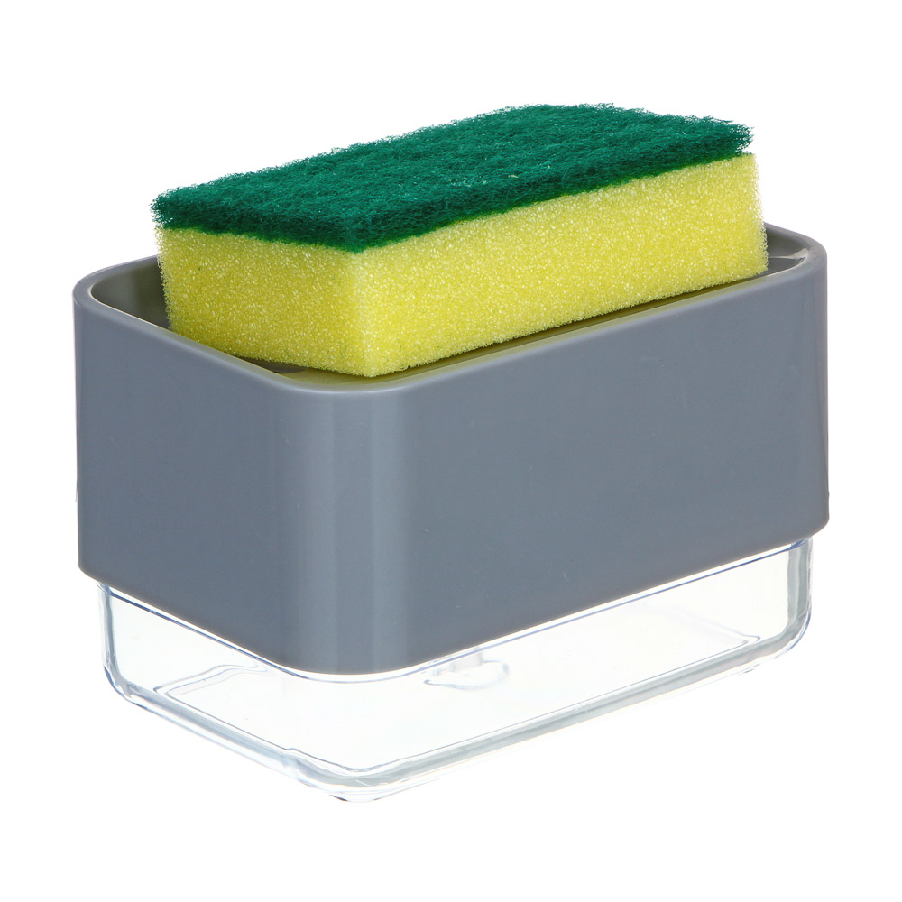 ВСЁГАЗИН Дозатор для моющего средства с губкой, пластик, 13,7х9,7х7,5см, серый, арт.№ 441-226