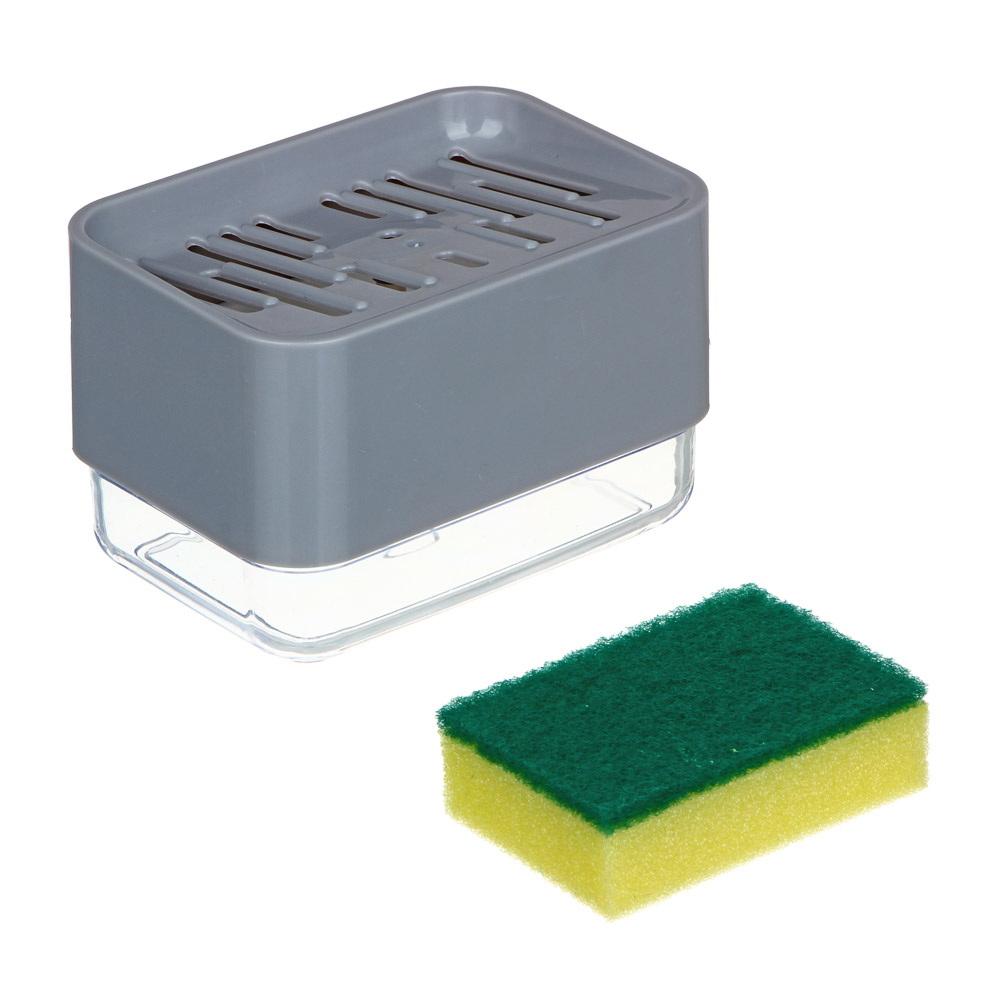 ВСЁГАЗИН Дозатор для моющего средства с губкой, пластик, 13,7х9,7х7,5см, серый, арт.№ 441-226