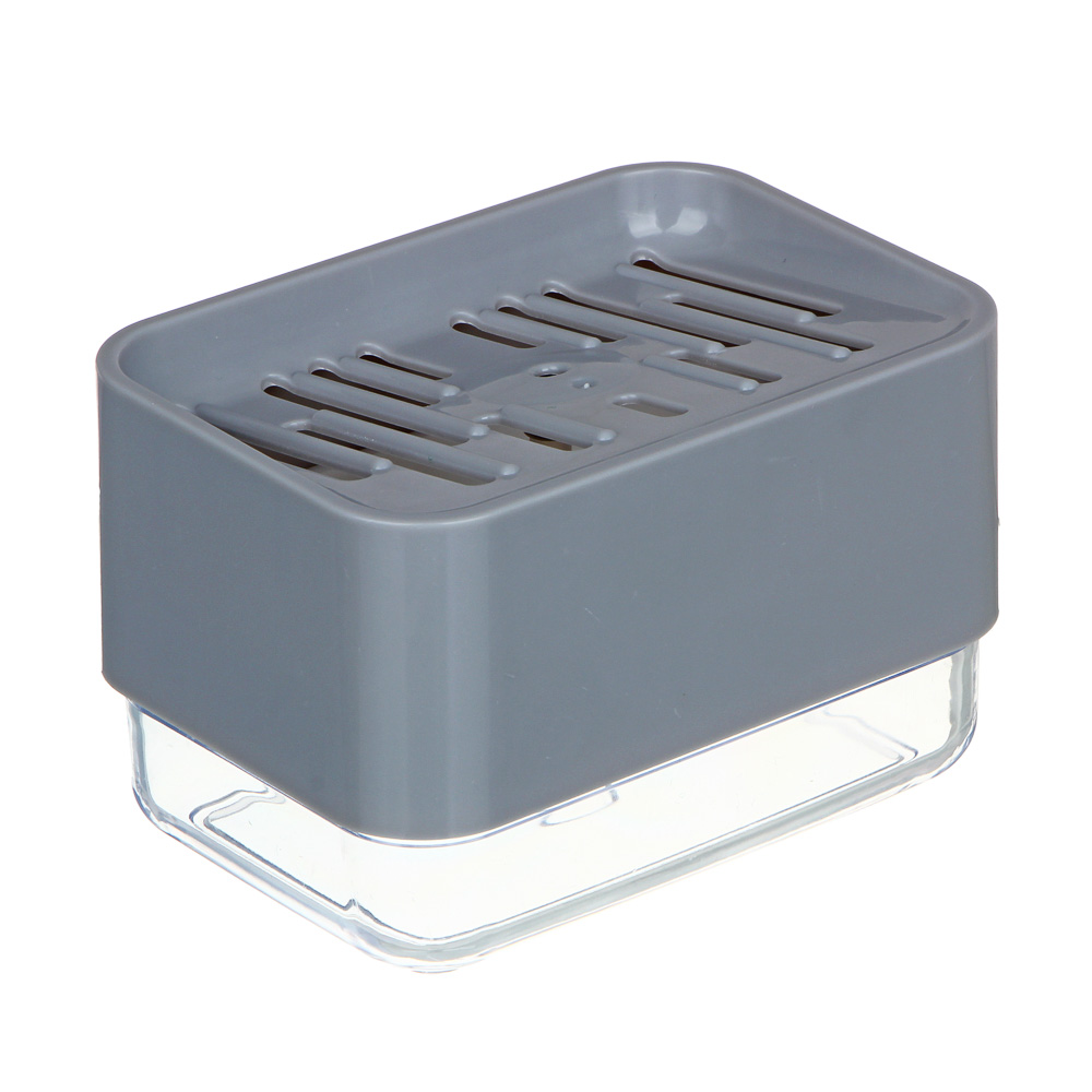 ВСЁГАЗИН Дозатор для моющего средства с губкой, пластик, 13,7х9,7х7,5см, серый, арт.№ 441-226