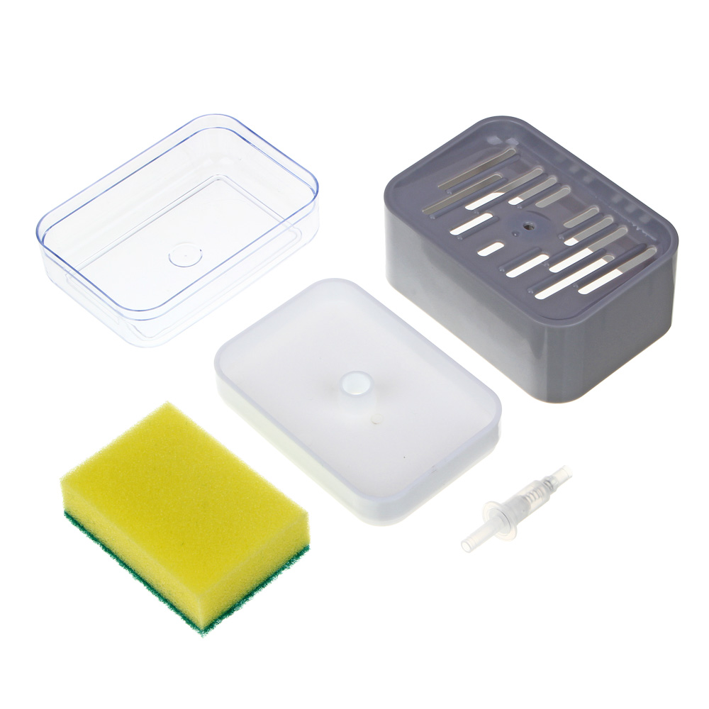 ВСЁГАЗИН Дозатор для моющего средства с губкой, пластик, 13,7х9,7х7,5см, серый, арт.№ 441-226