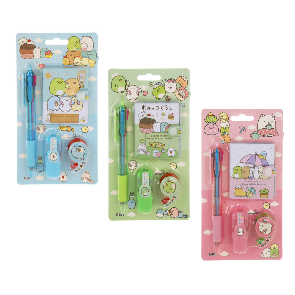 Набор канц. 4 предмета (блокнот, 4-цв.шар.ручка, маркер-текст., клейкая лента) уп. 11х19,5см, 3 диз., арт.№ 532-103