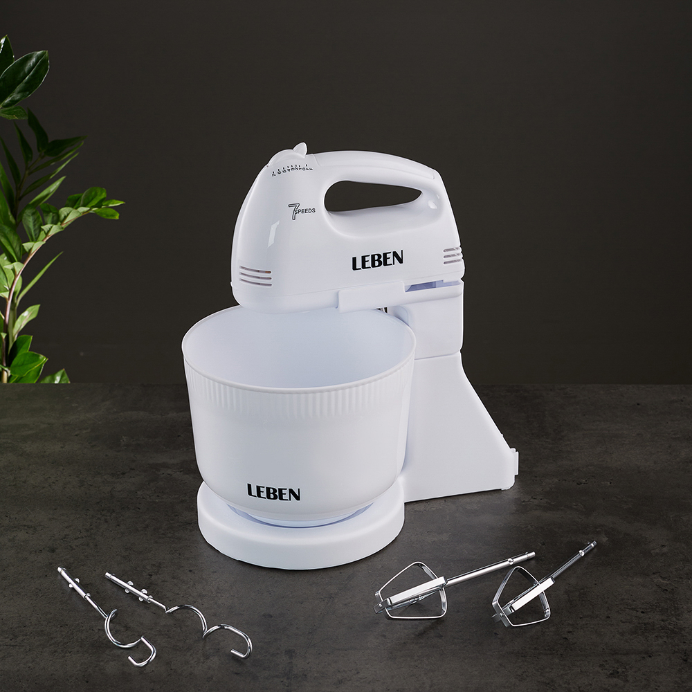LEBEN Миксер кухонный 100Вт, 7 скоростей, 2 пары насадок, пластиковая чаша 2л, арт.№ 269-013