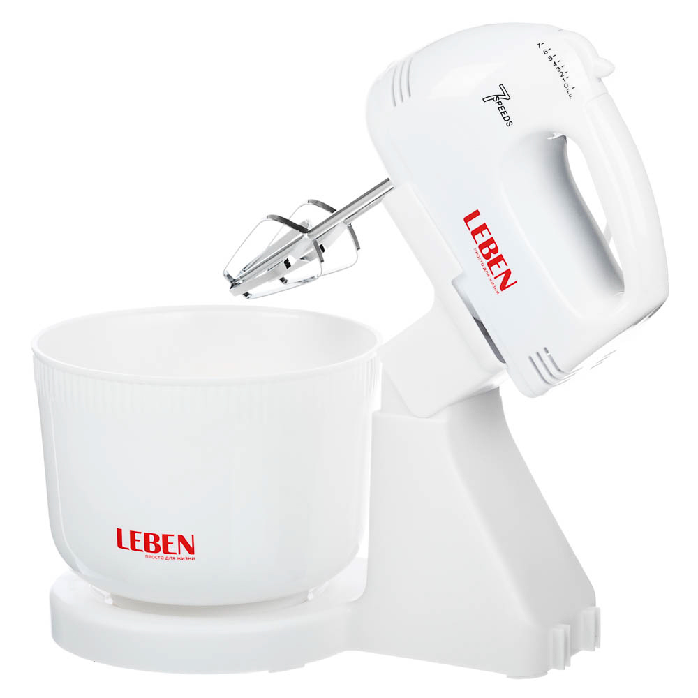 LEBEN Миксер кухонный 100Вт, 7 скоростей, 2 пары насадок, пластиковая чаша 2л, арт.№ 269-013