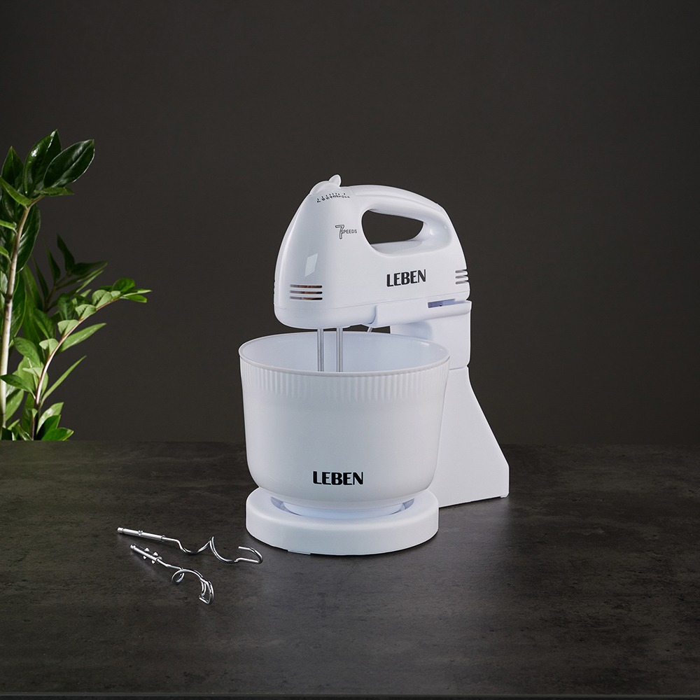 LEBEN Миксер кухонный 100Вт, 7 скоростей, 2 пары насадок, пластиковая чаша 2л, арт.№ 269-013