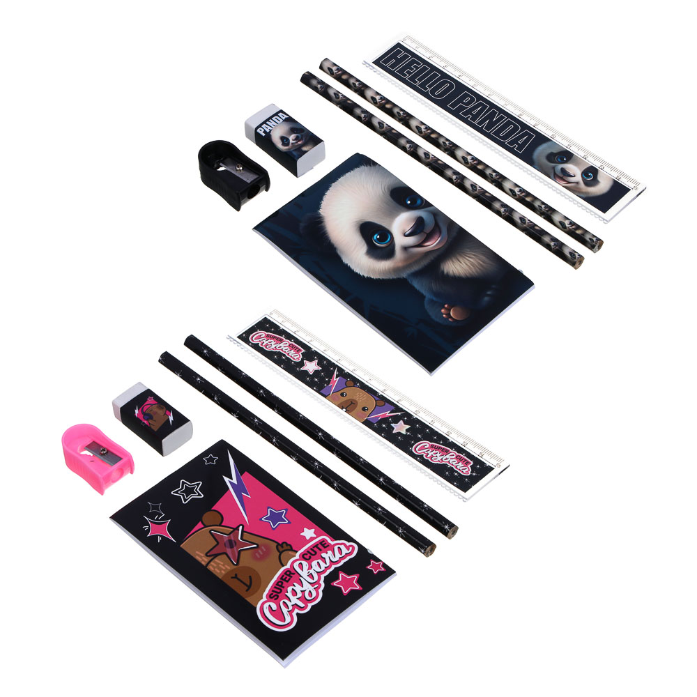 Набор канцелярский "Панда/Капибара", 6 предметов (2 карандаша, точилка, линейка, блокнот, ластик), 15,8х24,5 см, арт.№ 524-274