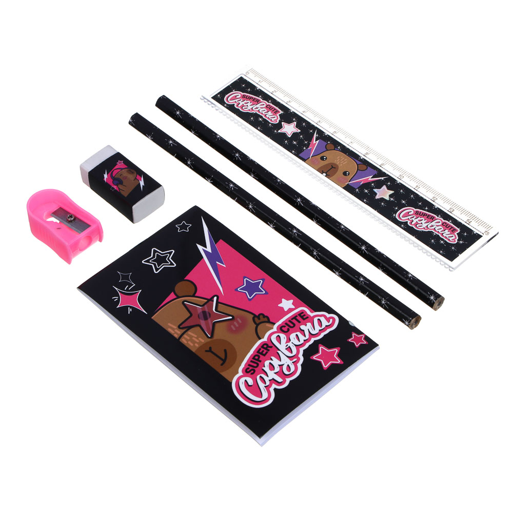 Набор канцелярский "Панда/Капибара", 6 предметов (2 карандаша, точилка, линейка, блокнот, ластик), 15,8х24,5 см, арт.№ 524-274